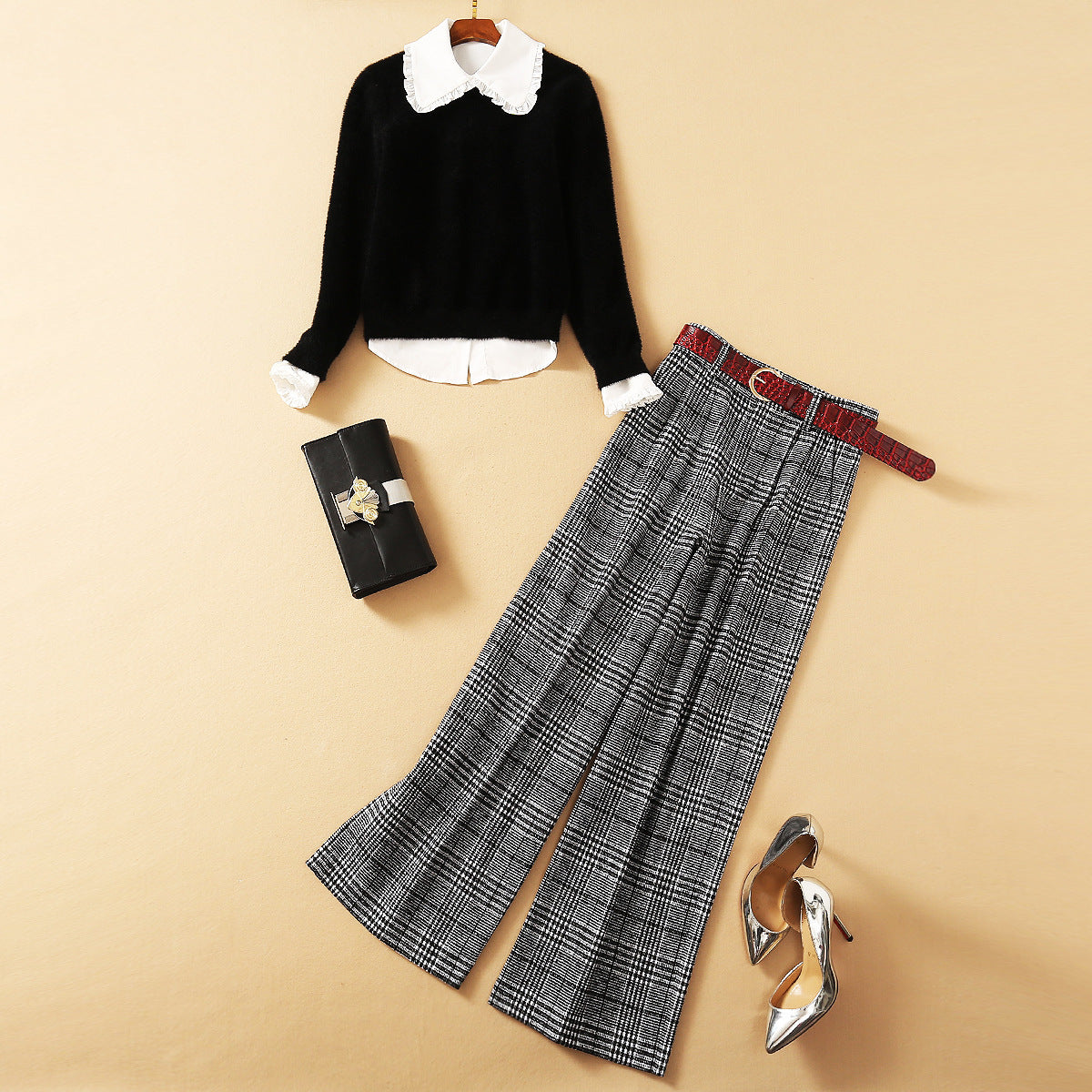 Women’s Three-Pieces Suit Wooden Ear Shirt With Mohair Sweater And Plaid Wide-leg Pants - Picture color / L - Women’s