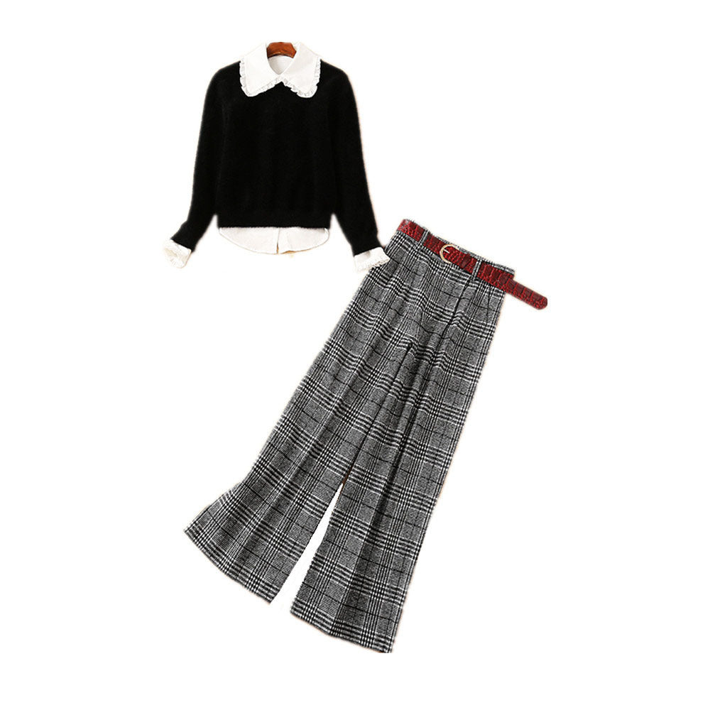 Women’s Three-Pieces Suit Wooden Ear Shirt With Mohair Sweater And Plaid Wide-leg Pants - Women’s Suit
