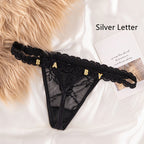 Women’s Transparent Rhinestone Letter Lace Shorts - Black / 11to15 Silver Letter / One size - Women’s Lace Shorts