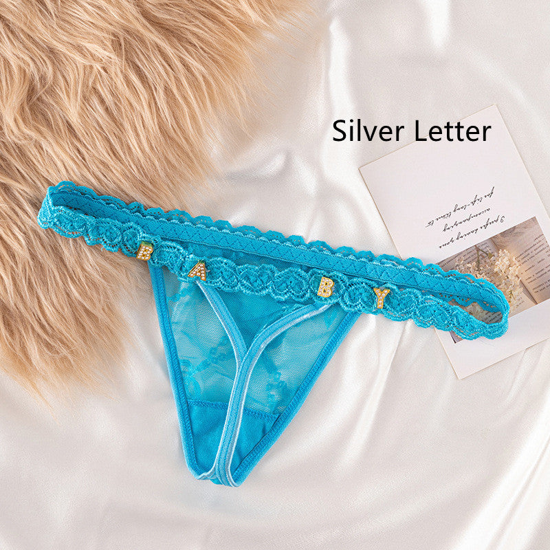 Women’s Transparent Rhinestone Letter Lace Shorts - Blue / 11to15 Silver Letter / One size - Women’s Lace Shorts