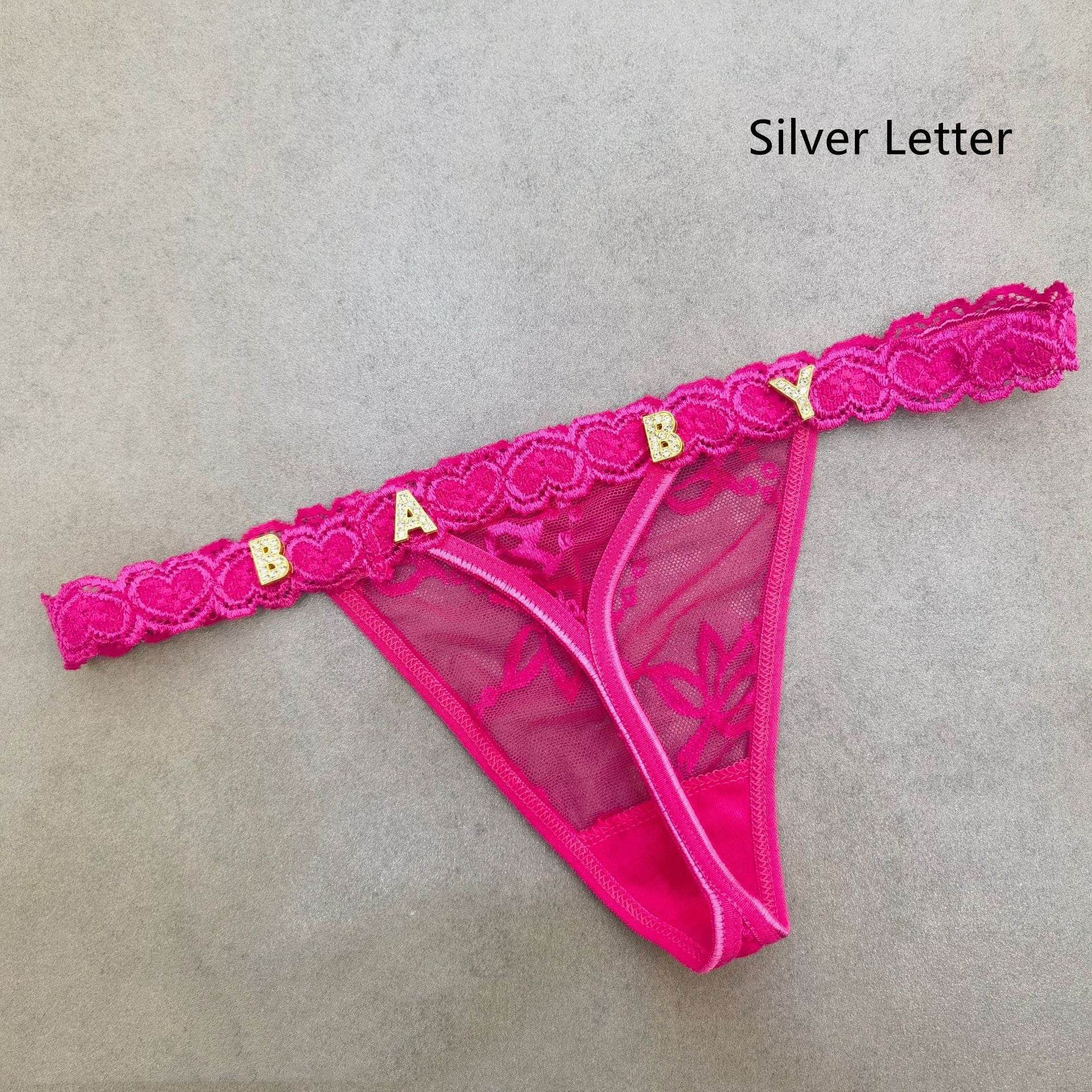 Women’s Transparent Rhinestone Letter Lace Shorts - Peach Red / 11to15 Silver Letter / One size - Women’s Lace Shorts