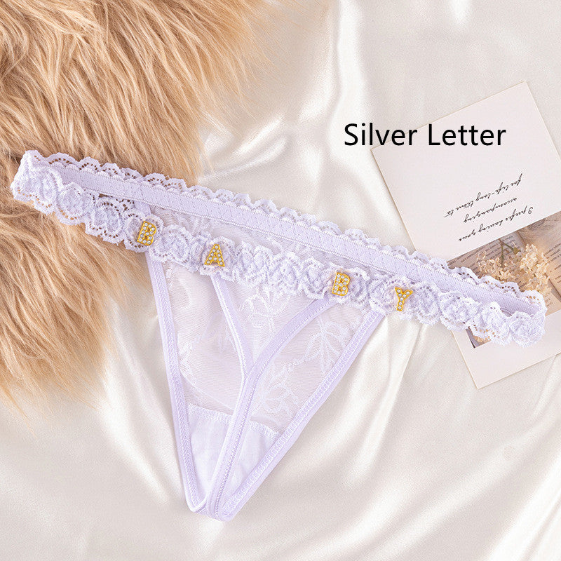Women’s Transparent Rhinestone Letter Lace Shorts - White / 11to15 Silver Letter / One size - Women’s Lace Shorts