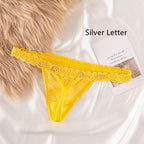 Women’s Transparent Rhinestone Letter Lace Shorts - Yellow / 11to15 Silver Letter / One size - Women’s Lace Shorts