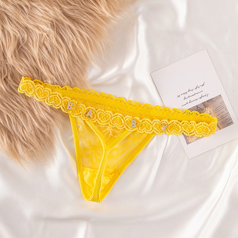Women’s Transparent Rhinestone Letter Lace Shorts - Yellow / 11to15 Gold Letter / One size - Women’s Lace Shorts