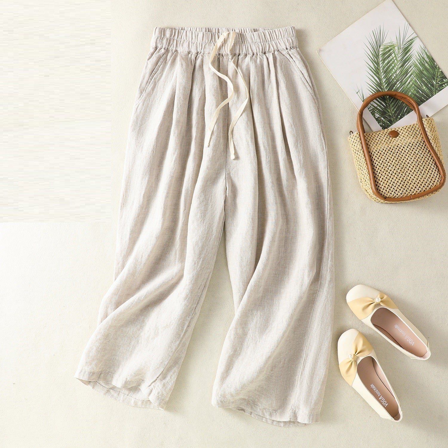Women’s Wide Leg Cotton Linen Summer Pants - Apricot / 2XL - Wide leg trousers