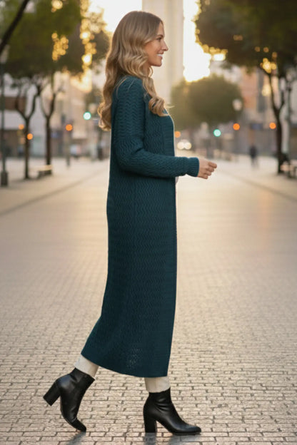 Zigzag Patterned Long Knit Cardigan | Petroleum Blue – NEOMODEST product image 2