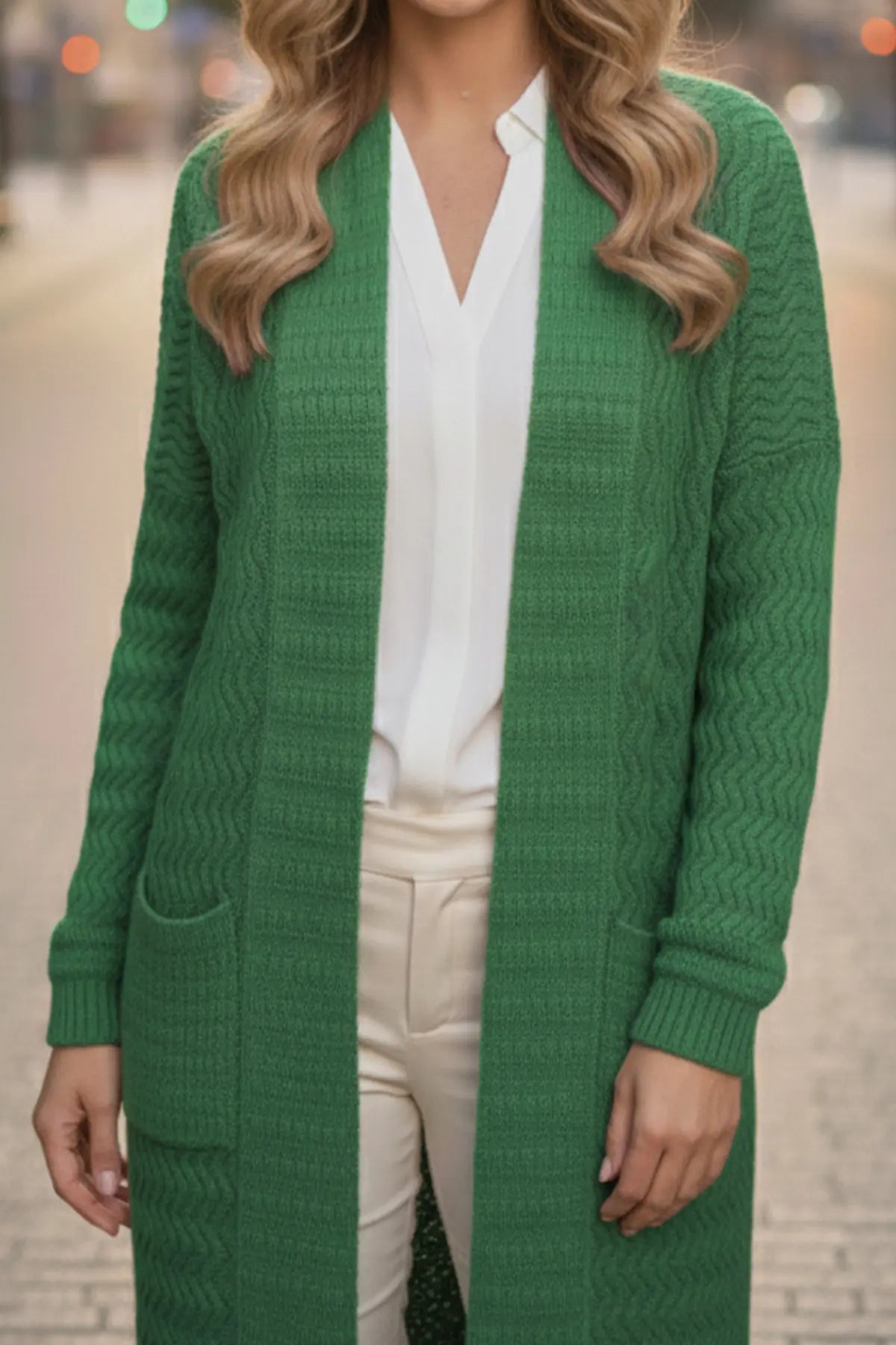 Zigzag Patterned Long Knit Cardigan | Green – NEOMODEST product image 2