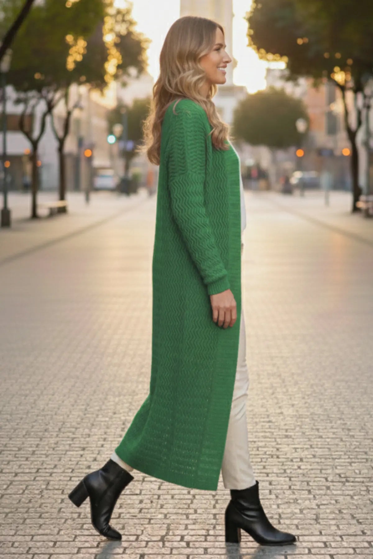 Zigzag Patterned Long Knit Cardigan | Green – NEOMODEST product image 3