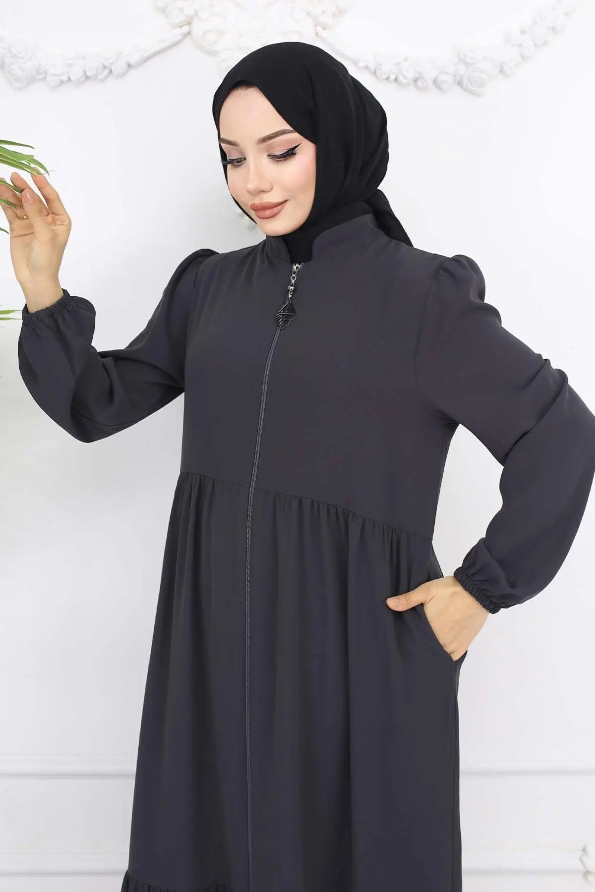 Mec Zippered Abaya With Gathered Detail