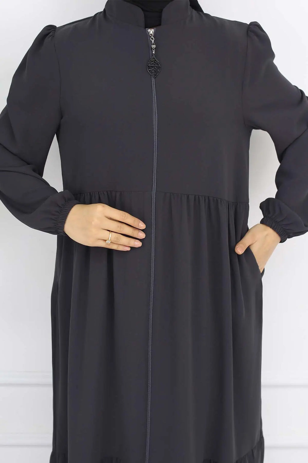 Mec Zippered Abaya With Gathered Detail
