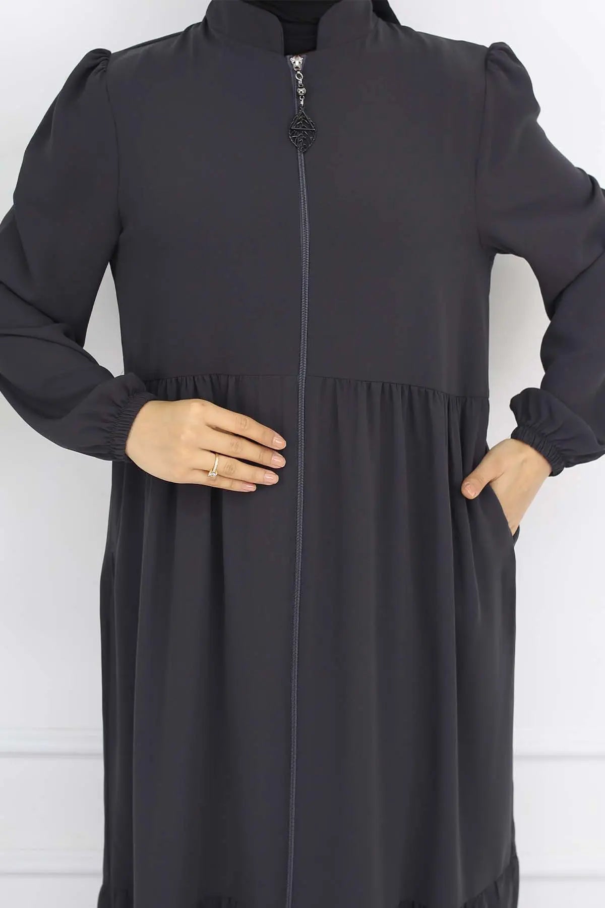Mec Zippered Abaya With Gathered Detail