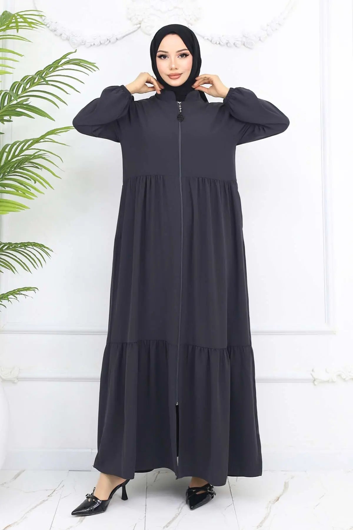 Mec Zippered Abaya With Gathered Detail