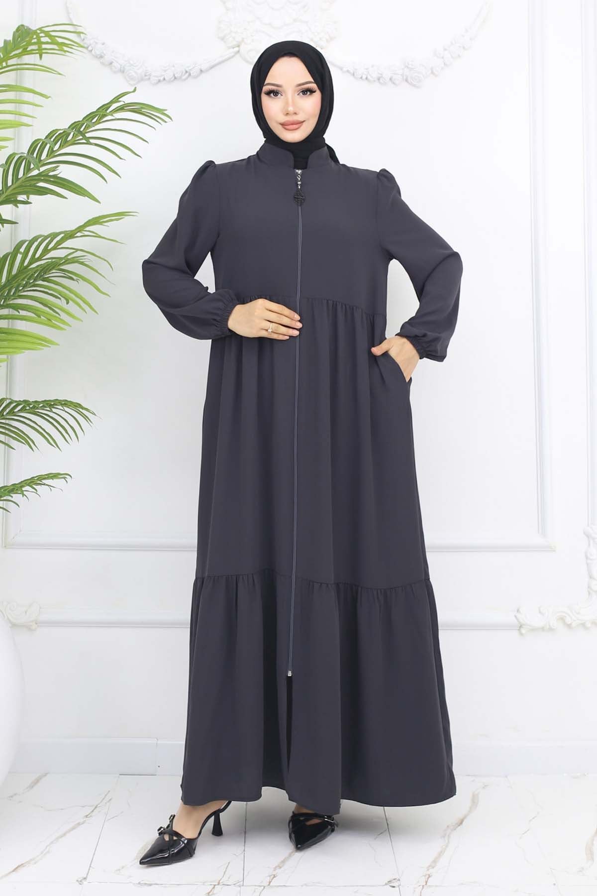 Mec Zippered Abaya With Gathered Detail