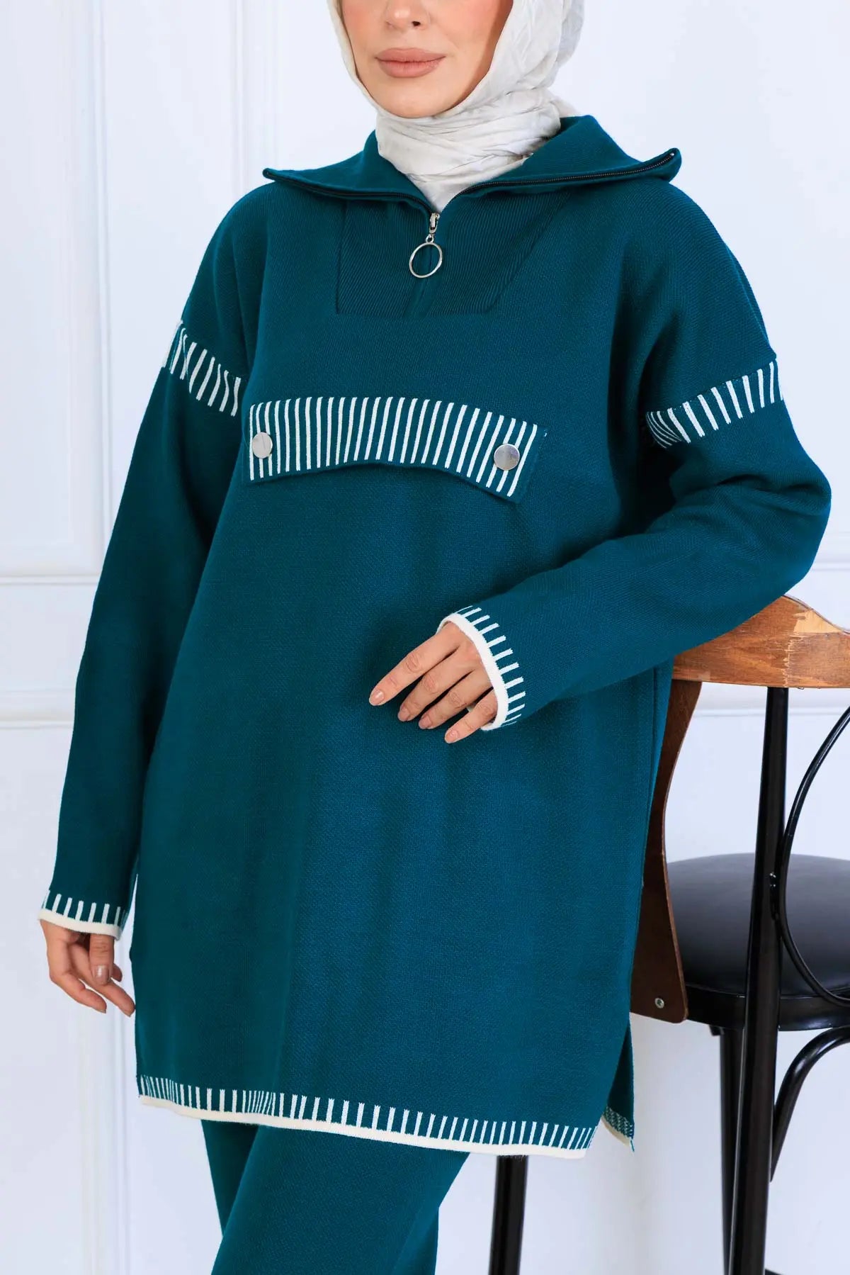 Zippered Collar Knitwear Suit in Petroleum Blue – NEOMODEST, image 3