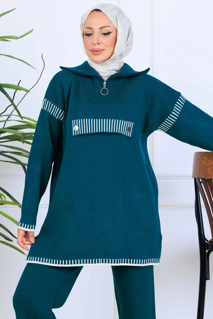 Zippered Collar Knitwear Suit in Petroleum Blue – NEOMODEST, image 4