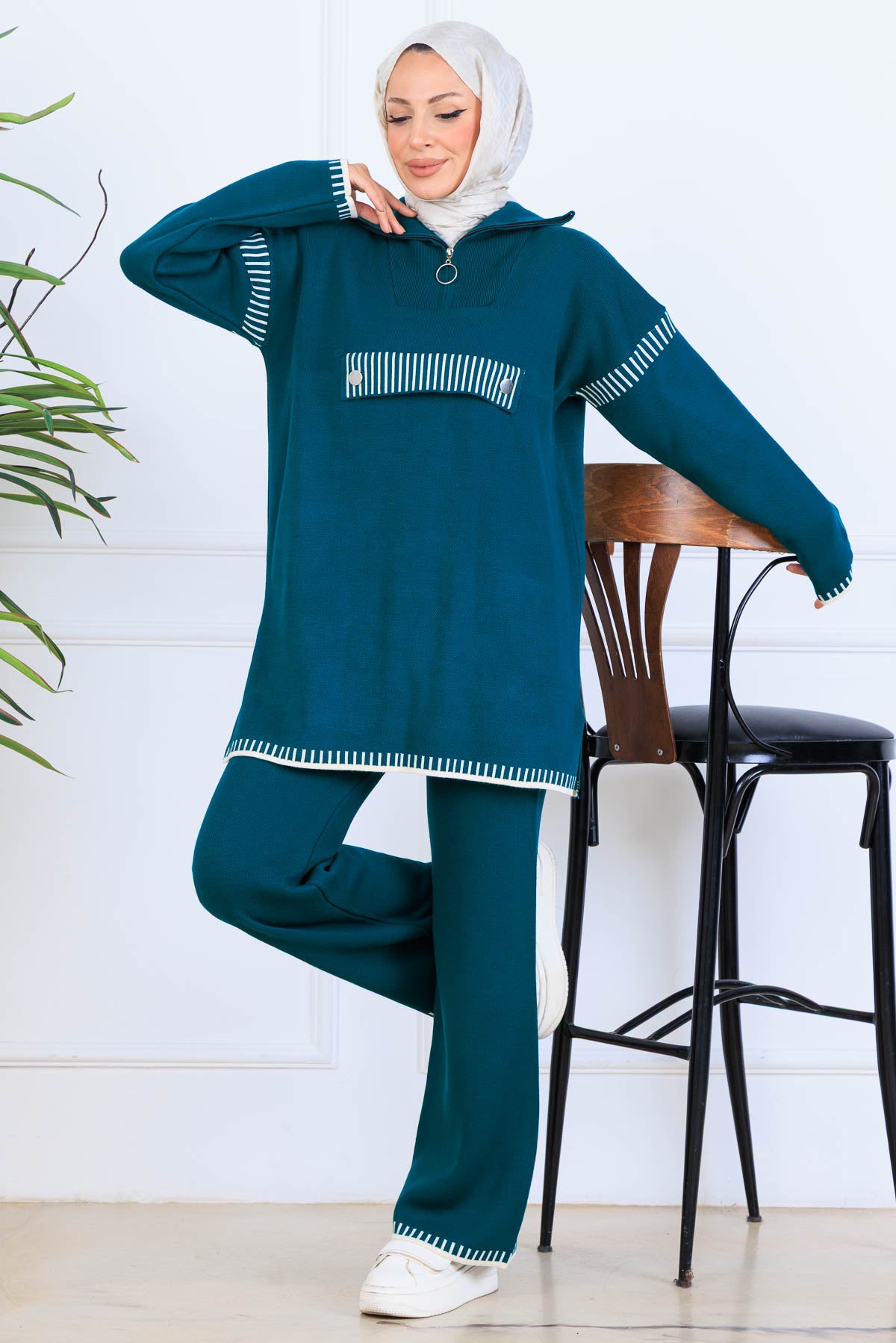 Zippered Collar Knitwear Suit in Petroleum Blue – NEOMODEST, image 1