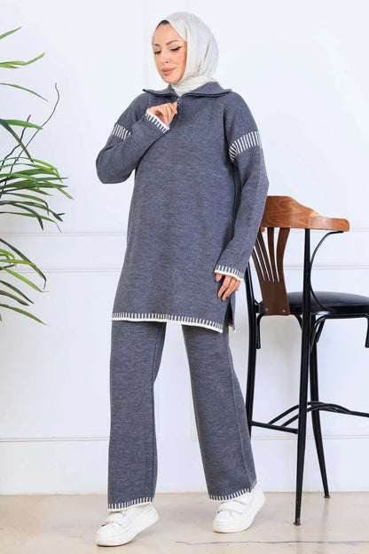 Zippered Collar Stripe-Detail Knitwear Suit in Grey – NEOMODEST, image 2