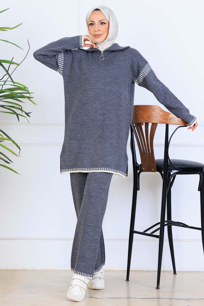 Zippered Collar Stripe-Detail Knitwear Suit in Grey – NEOMODEST, image 1