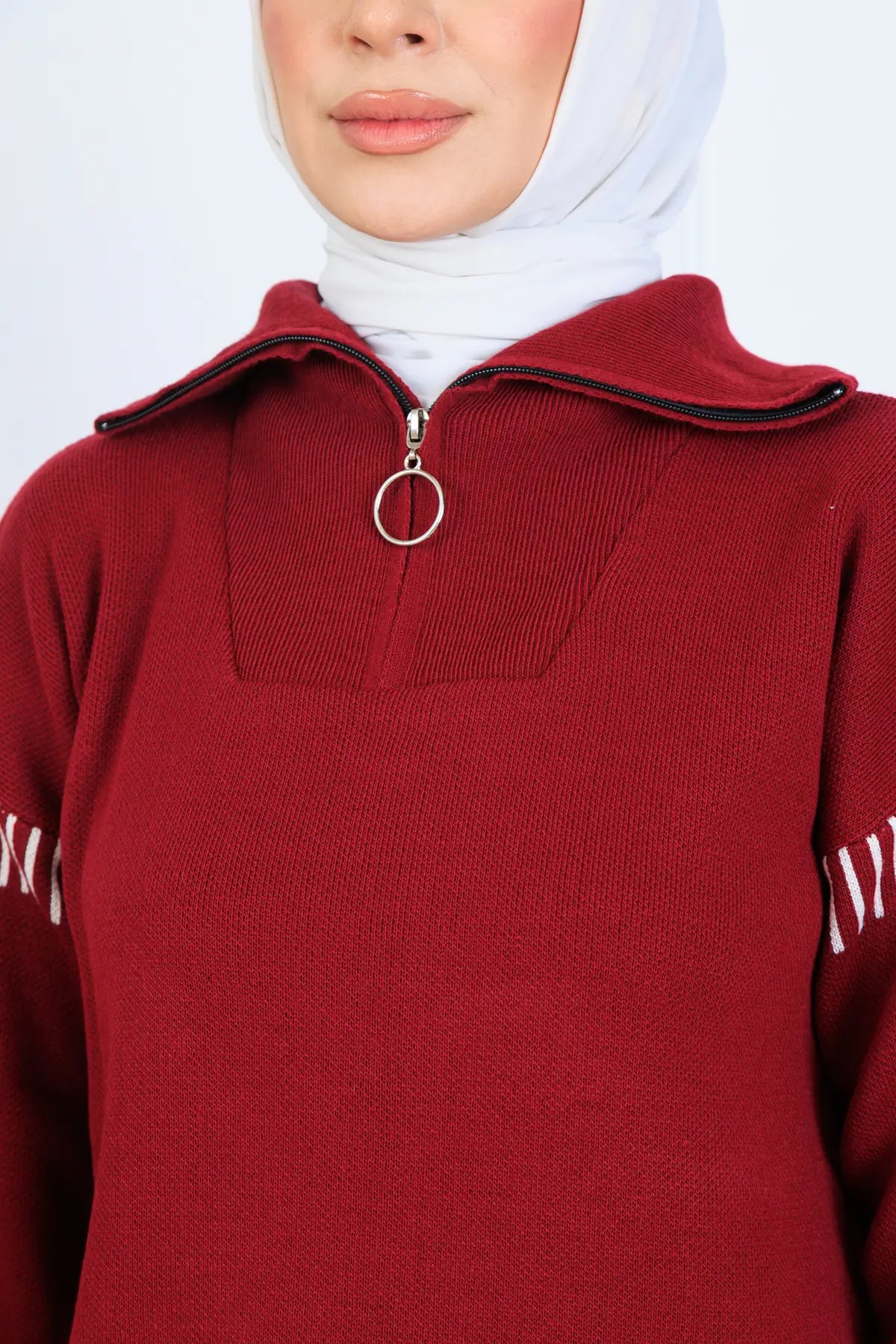 Zippered Collar Stripe Detail Knitwear Suit | Claret Red – NEOMODEST, image 3
