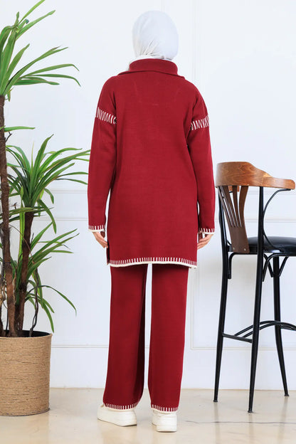 Zippered Collar Stripe Detail Knitwear Suit | Claret Red – NEOMODEST, image 4