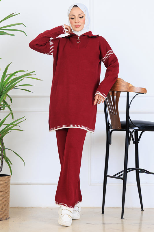 Zippered Collar Stripe Detail Knitwear Suit | Claret Red – NEOMODEST, image 1