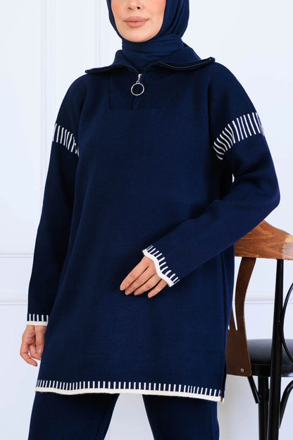 Zippered Collar Stripe-Detail Knitwear Suit in Navy Blue – NEOMODEST, image 3