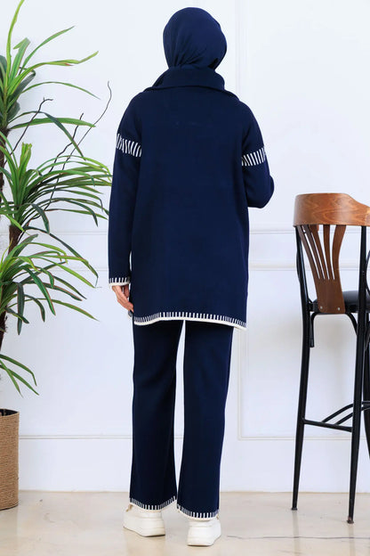 Zippered Collar Stripe-Detail Knitwear Suit in Navy Blue – NEOMODEST, image 4