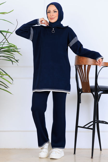 Zippered Collar Stripe-Detail Knitwear Suit in Navy Blue – NEOMODEST, image 1
