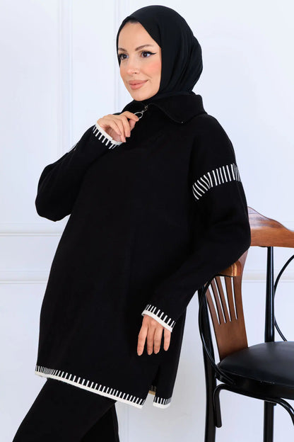 Zippered Collar Stripe-Detail Knitwear Suit in Black – NEOMODEST, image 2