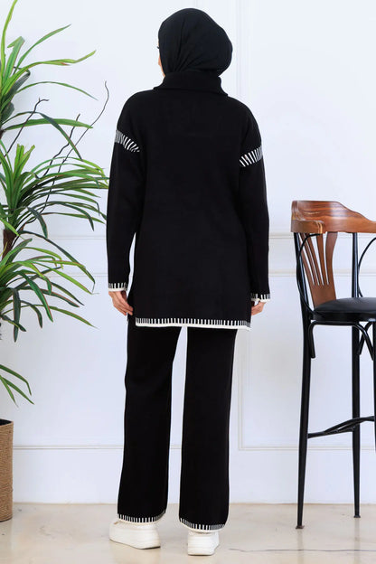 Zippered Collar Stripe-Detail Knitwear Suit in Black – NEOMODEST, image 5