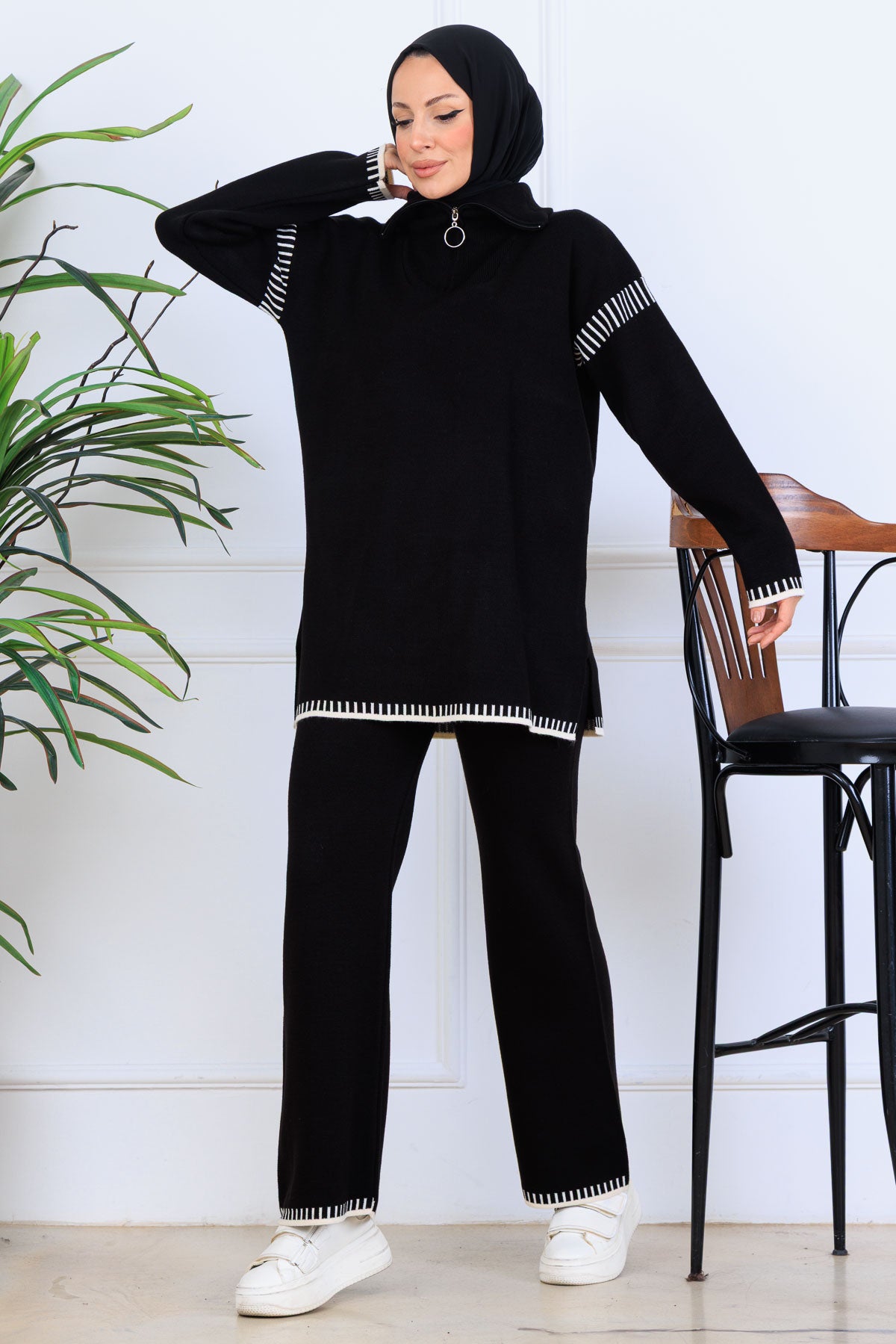 Zippered Collar Stripe-Detail Knitwear Suit in Black – NEOMODEST, image 1