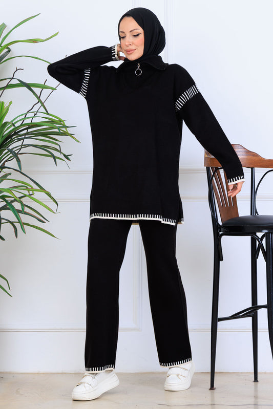 Zippered Collar Stripe-Detail Knitwear Suit in Black – NEOMODEST, image 1