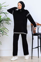 Zippered Collar Stripe-Detail Knitwear Suit in Black – NEOMODEST, image 1