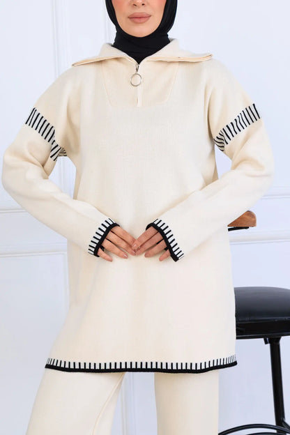 Zippered Collar Stripe-Detail Knitwear Suit in Beige – NEOMODEST, image 2