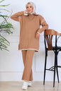 Zippered Collar Stripe-Detail Knitwear Suit in Camel – NEOMODEST, image 1