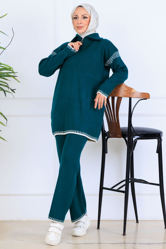 Zippered Collar Stripe-Detail Knitwear Suit in Petroleum Blue – NEOMODEST, image 1