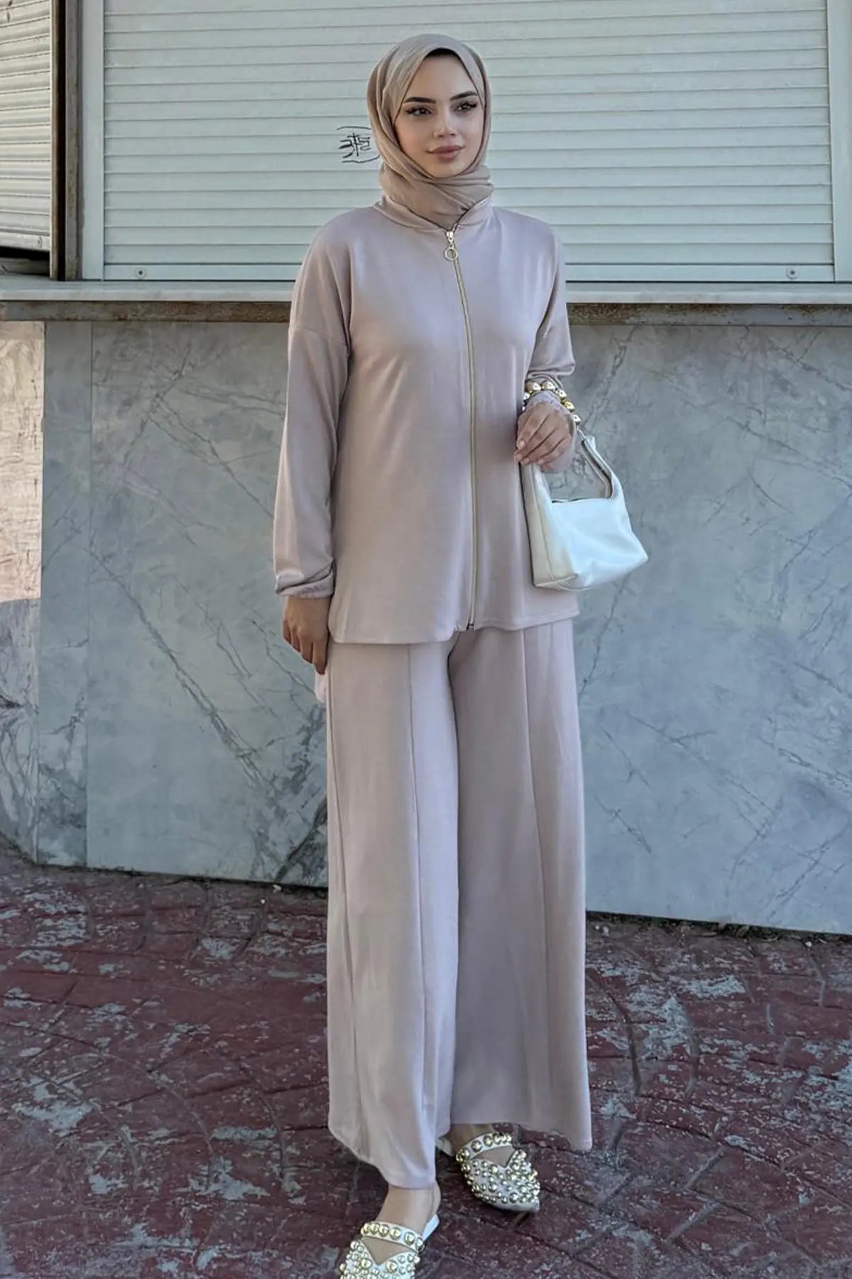 Zippered Two Piece Suit | Beige – NEOMODEST product image 2