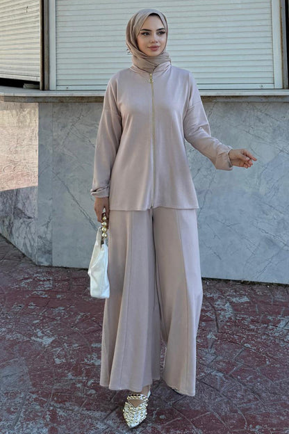 Zippered Two Piece Suit | Beige – NEOMODEST product image 1